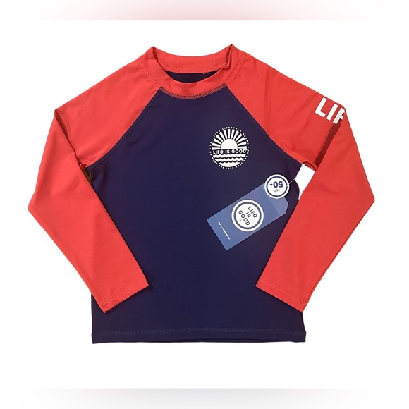 BOYS/GIRLS Life is Good Logo long sleeve rash/sun guard UPF50 RED/BLUE Sz: 6 NWT - Picture 3 of 12